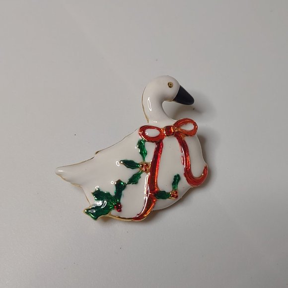 White Enamel Christmas Goose Brooch - Picture 2 of 10